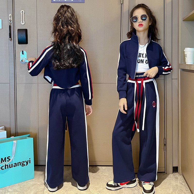 Teenager Girls' Sports Spring Autumn Kids Clothes Crop Top Hooded Jacket + Wide Leg Pants Tracksuit Children 9 -14year