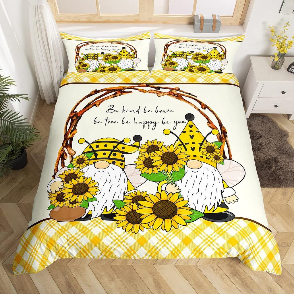 Bettbezug mit Cartoon-Gnom und Sonnenblume, King- und Queen-Size-Bettwäscheset mit schönen Zwergblumen, Bettbezug mit gelbem Blumenmuster und 2 Kissenbezügen