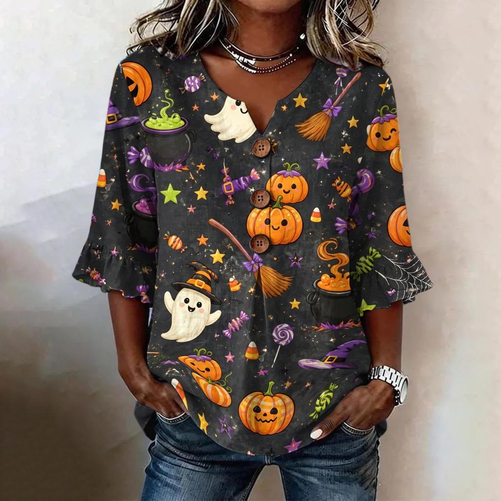 Women's Casual V-Neck Ruffle Sleeve Loose Fit Blouse with Halloween All-Over Print