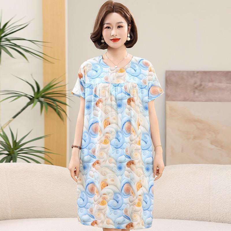 Floral Print Cotton Silk Knee-Length Dress for Middle-Aged Women – Lightweight, Short-Sleeved, Loose-Fit, Plus Size