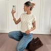 2026 Autumn Women's Polka Dot Knit T-Shirt: Round Neck, Short Sleeve, Loose Fit Sweater Style