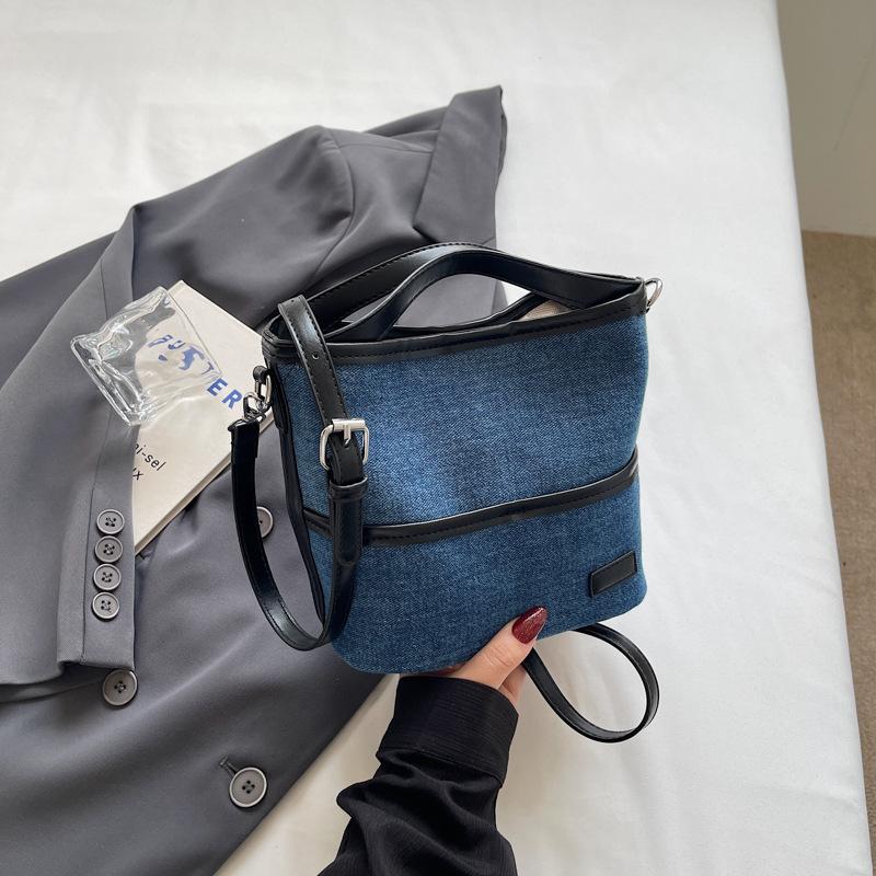 Denim Shoulder Bag Women Fashion Brown Leather Trim Crossbody Tote Bag Casual Everyday Small Handbag