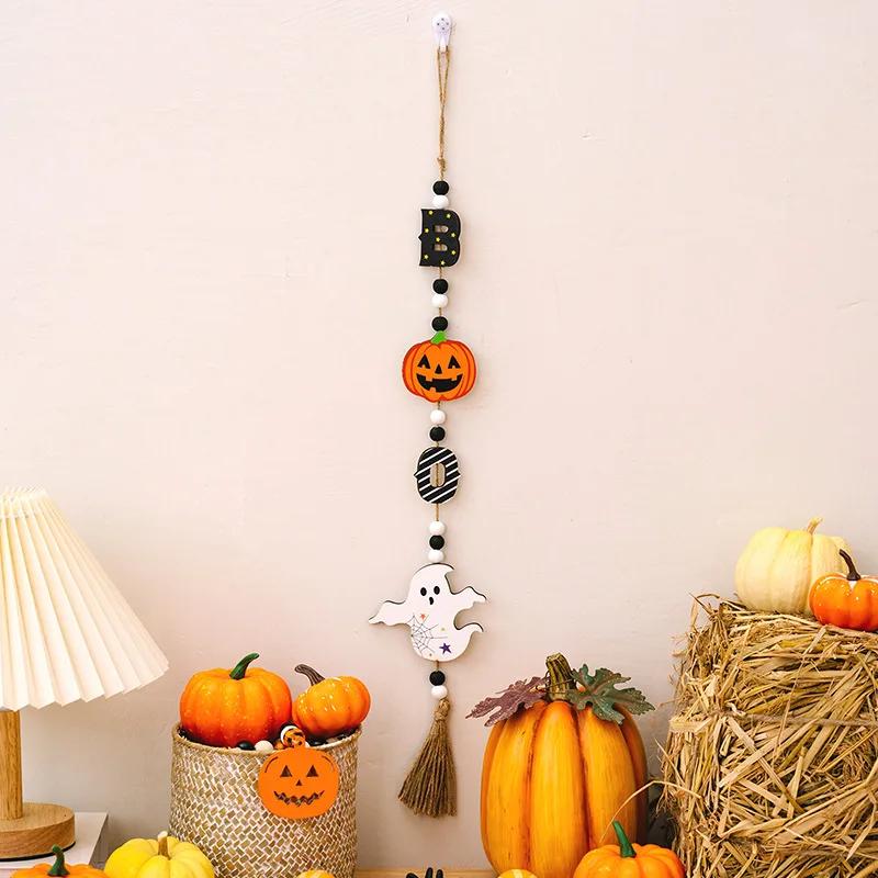 Halloween Wall Hangings Wooden Tassel Beads Pendants with Gnome Pumpkin Designs Ideal Ornaments for Tiered Tray Home Decorations