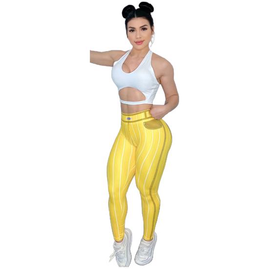 Dámské sportovní legíny s vysokým pasem s pruhovaným potiskem strečové kalhoty na jógu sexy přiléhavé imitace džínů cvičení posilovna kalhoty push up