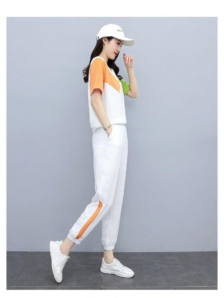 Plus Size Color Block Two-Piece Sportswear Set: Short Sleeve T-shirt & Jogger Pants