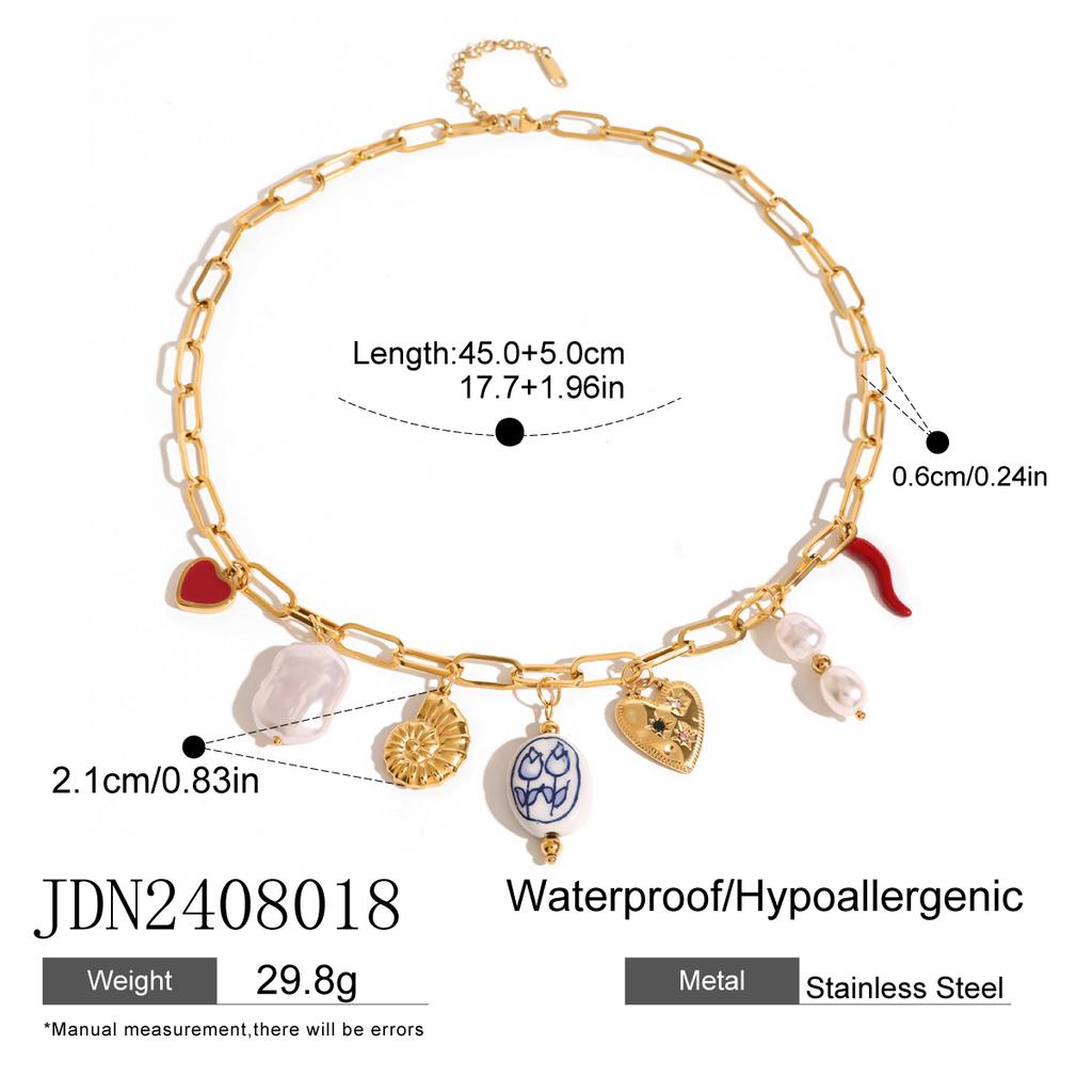 Youthway Trendy Stainless Steel Pearl Conch Heart Porcelain Bead Chili Pendent Necklace Waterproof Gold-Plated Beach Jewelry