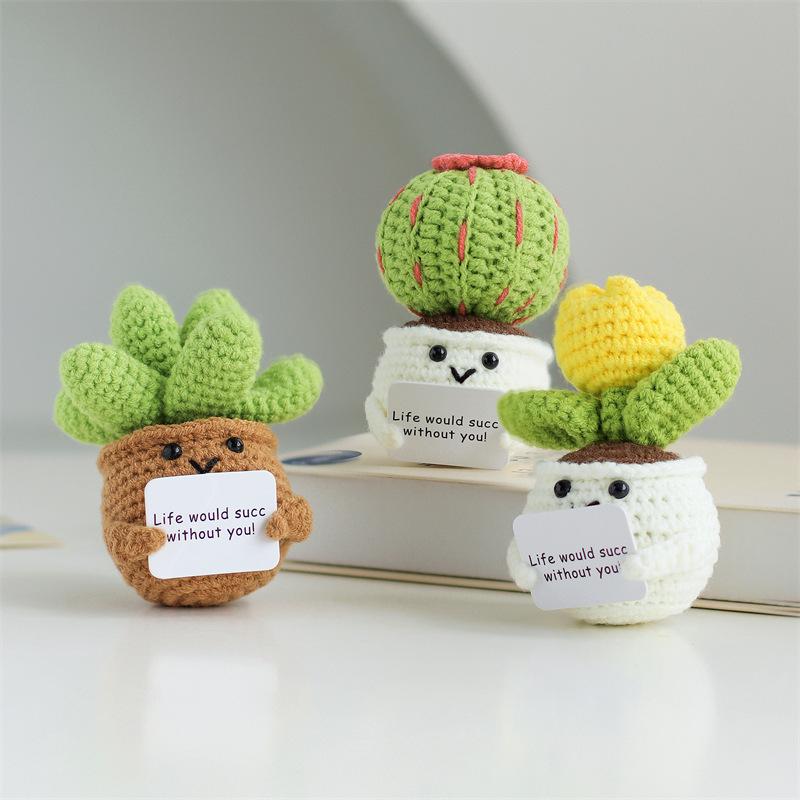Mini Cute Crochet Flowers Finished Handmade Cactus Heart Potted Plants Handmade Bouquets Home Desktop Decoration Christmas Gift