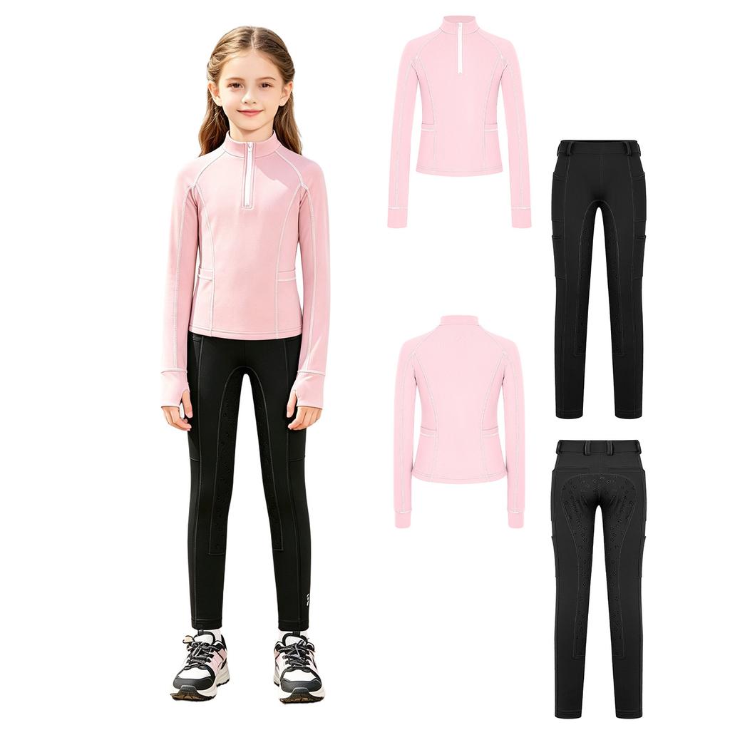 Tenue d'équitation pour filles Ensemble à col montant, manches longues avec trous pour les pouces, pull à fermeture éclair avec pantalon d'équitation à grip intégral antidérapant pour l'entraînement