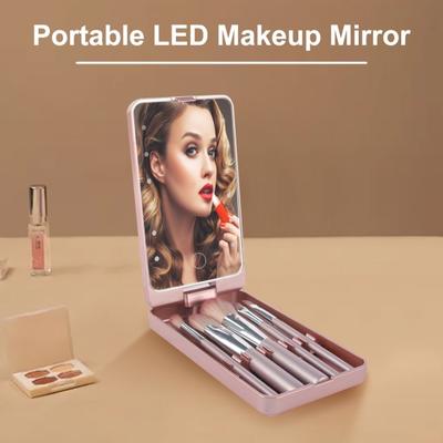 1 Set Makyaj Fırçası LED Ayna Kutusu Fondöten Gevşek Pudra Göz Burun Farı Kozmetik Fırçası Taşınabilir Seyahat Kadın Kız Makyaj Araçları