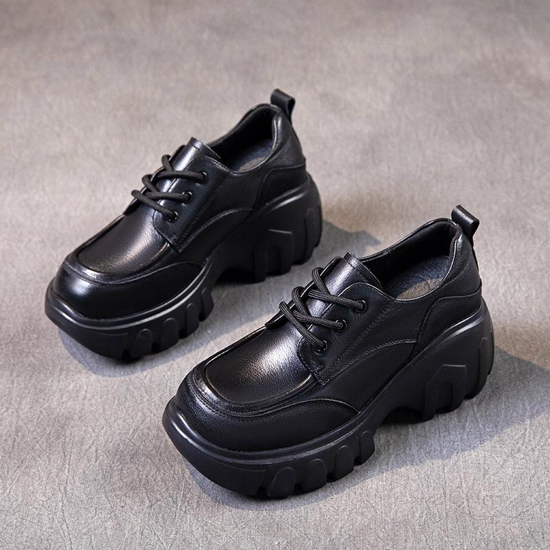 

Первый слой коровьей кожи повседневная обувь женская 2025 осень новая кожаная корейская версия универсальная шнуровка маффин платформа одинарная обувь женская обувь 34