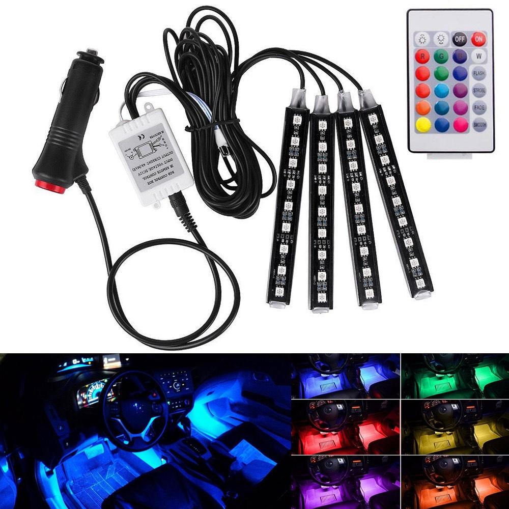 4Pcs 9LEDs Strip Light Wireless Remote/Voice Control Car RGB LED Neon Interior Lamp Decorative Lights
