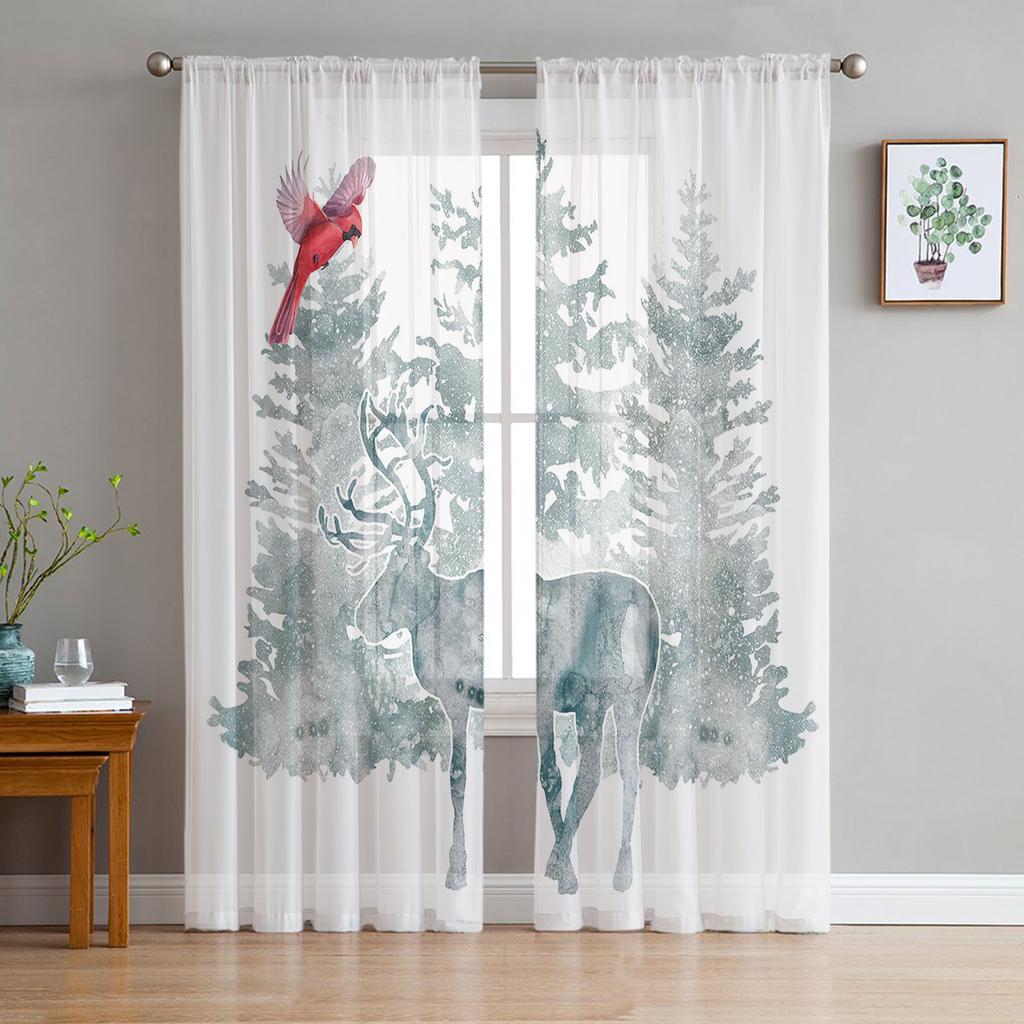Deer In Autumn Misty Forest Sheer Curtains for Living Room Transparent Tulle Window Curtain Bedroom Kitchen Decor Veil Drapes