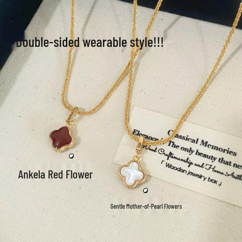 French Red Flower Mother-of-Pearl Pendant Necklace - Elegant High-End Sweater Chain