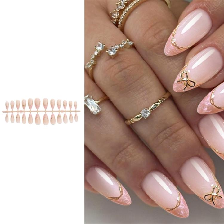 Multiple Style False Nail French Design Gold Trim Bows Detail Almond Shape Comfortable Artificial Nail for Women