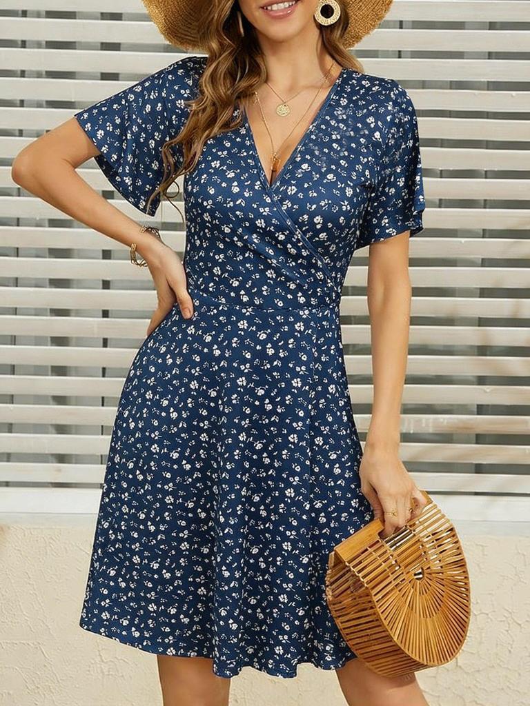 Women's Floral V-Neck A-Line Wrap Dress - Short Sleeve, Elegant & Stylish