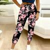 Summer Ladies Freehand Flowers Printed Sweatpants Loose Fit Drawstring Joggers Elastic Cuff Daily Casual Pants