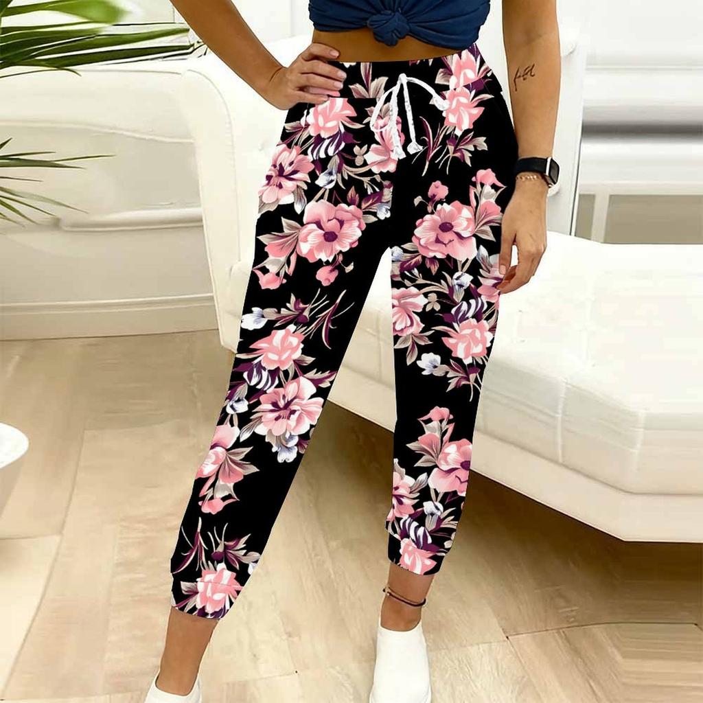 Summer Ladies Freehand Flowers Printed Sweatpants Loose Fit Drawstring Joggers Elastic Cuff Daily Casual Pants
