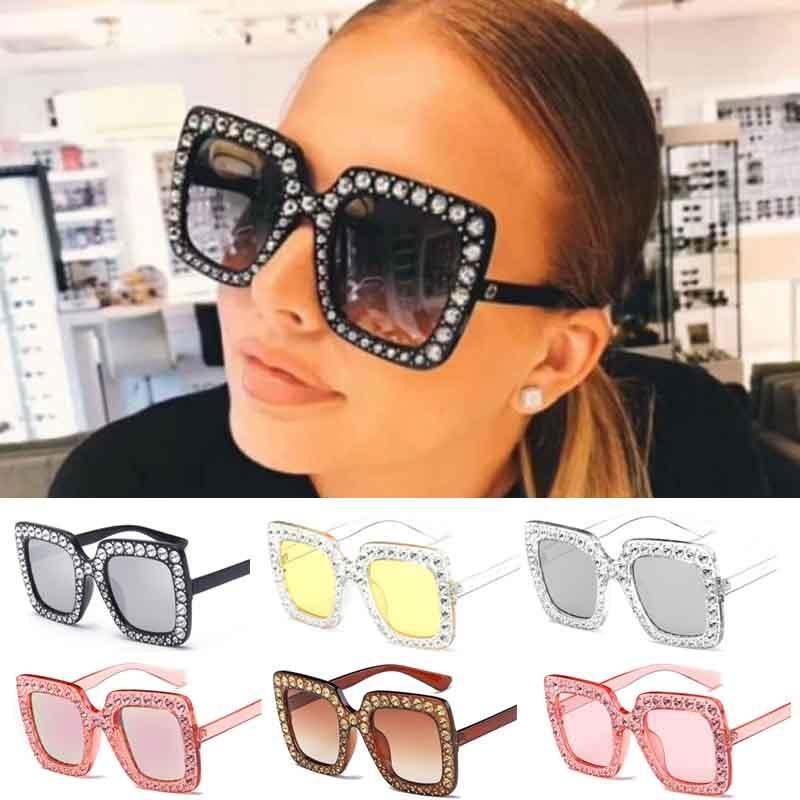Trendy Square Frame Sunglasses With Oversized Rhinestones For Unique Fashion Style And Uv380 Protection