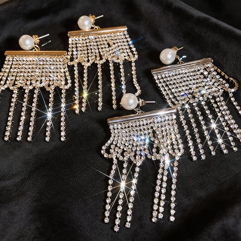 Exquisite Rhinestone & Pearl Tassel Stud Earrings - Niche Design, Bold and Versatile with High-End Appeal