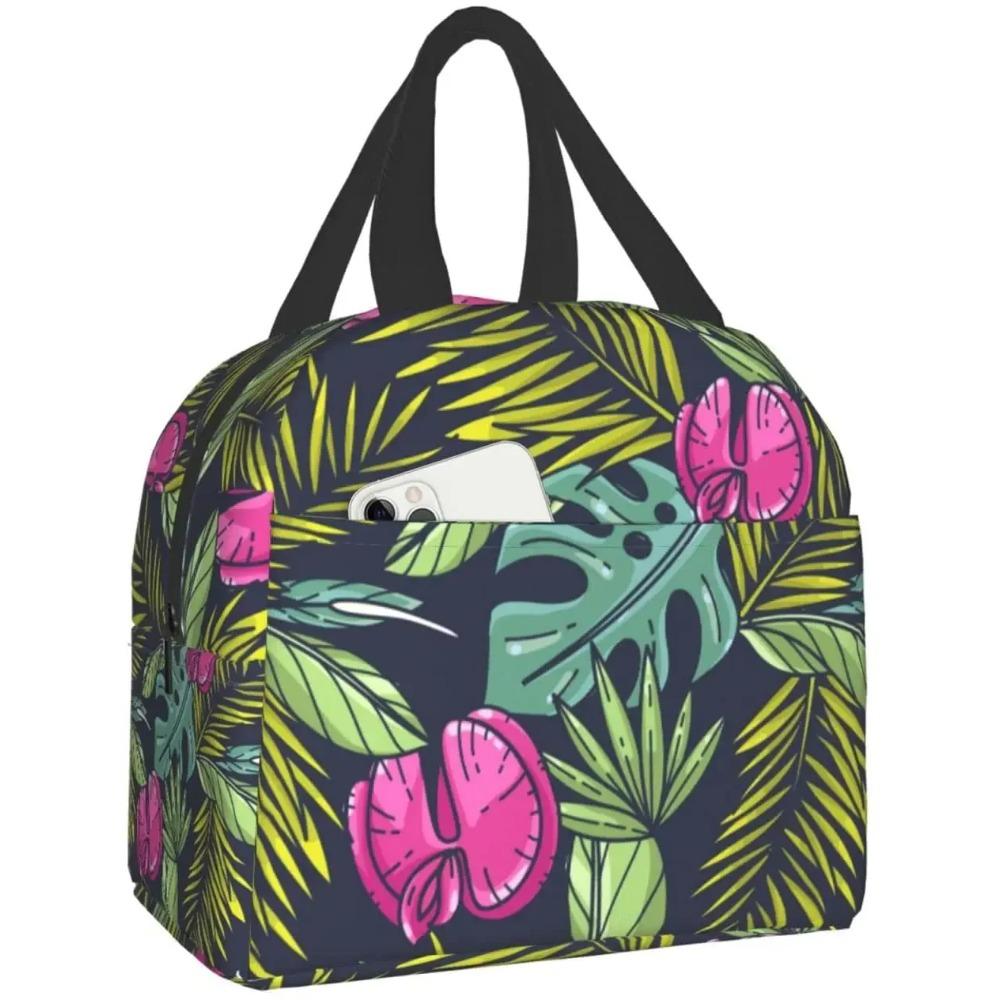 Red Hibiscus Large Insulated Lunch Bag Blue Tropical Leaves Hawaii Floral Lunch Box for Boys Girls Men Women Work Shcool Picnic