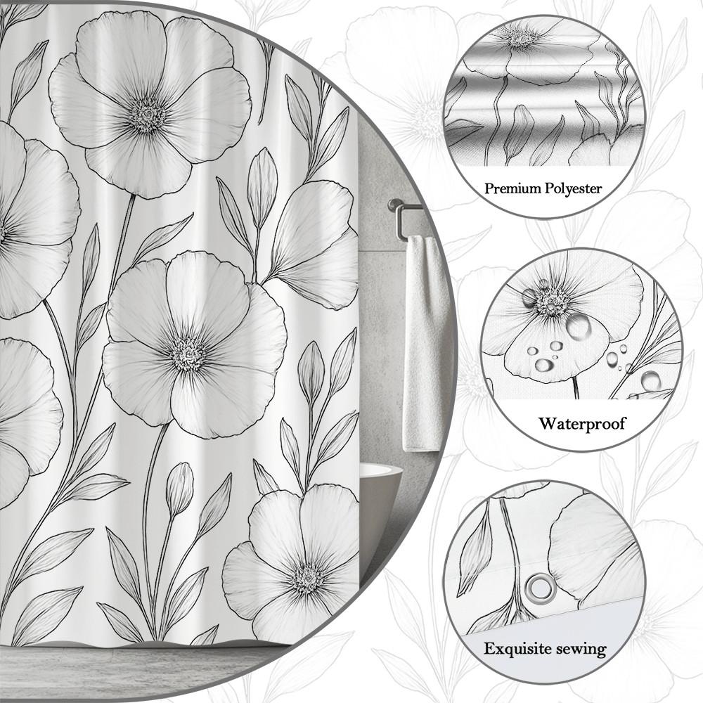 Black White Floral Sketch Shower Curtain Machine Washable All Season Waterproof Privacy Protection Line Art Design Minimalist