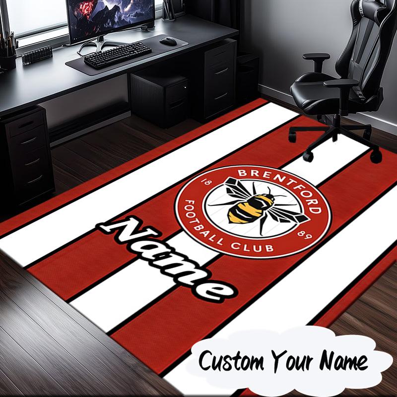 Custom Name Brentford Crest Design Rug for Living Room, Game Rooms, Office, Bedroom, Floor Mat Playful Design, Fan Gifts Christmas Decor