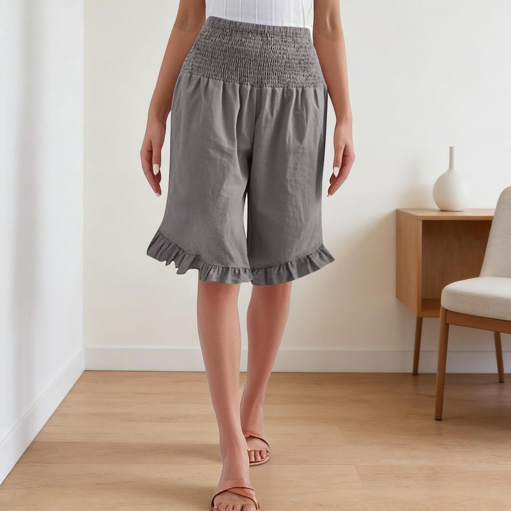 Damen Farbige Hohe Taille Plissierte Baumwolle Leinen Lockere Freizeitshorts