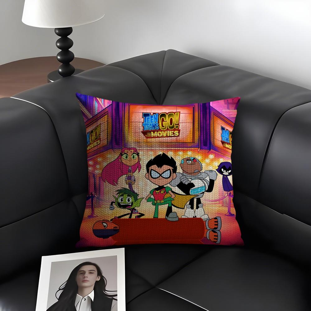 TTeen TitansS GGo Cartoon Cushion Cover Natural Linen Organic Fabric DoubleSided Printing Sofa Home Decor Gift Pillow Case