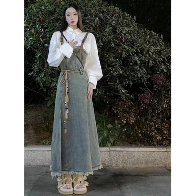 Vintage Casual Leibchen Denim Kleid für Frauen Elegante Ärmellose A-linie Hohe Taille Kordelzug Gürtel Kleider Koreanischen Stil