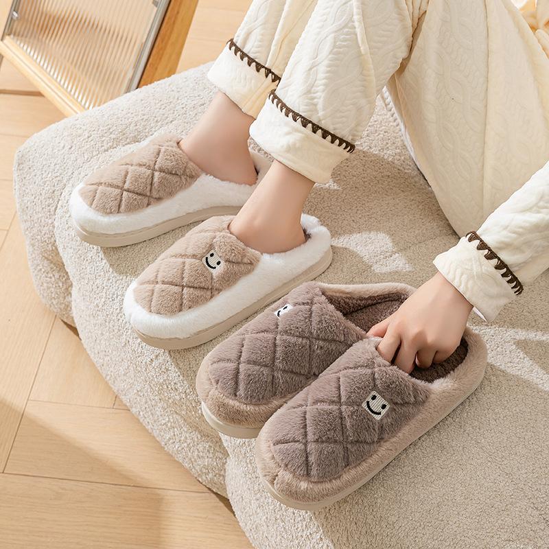 Cotton Slippers Embroidered Smiley Face Autumn and Winter Indoor Home Wear-resistant Warm Piled Couple Hair Slippers