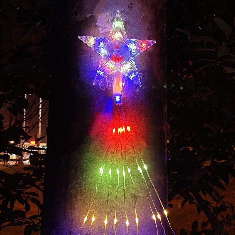 LED Solar Santa Pentagram Waterfall String Lights - Copper Wire Star Fairy Lights for Christmas Tree & Courtyard Decorations