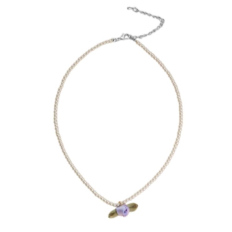 Simulated Pearl Necklace Female Temperament Pearls Cloth Flower Collarbone Chain Student Adjustable Chain Sweater Chain фиолетовый