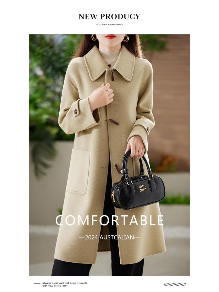 Women's Slim Fit Long Wool Coat with Wide Lapel and Toggle Closure - Double-Faced Woolen Overcoat for Autumn/Winter
