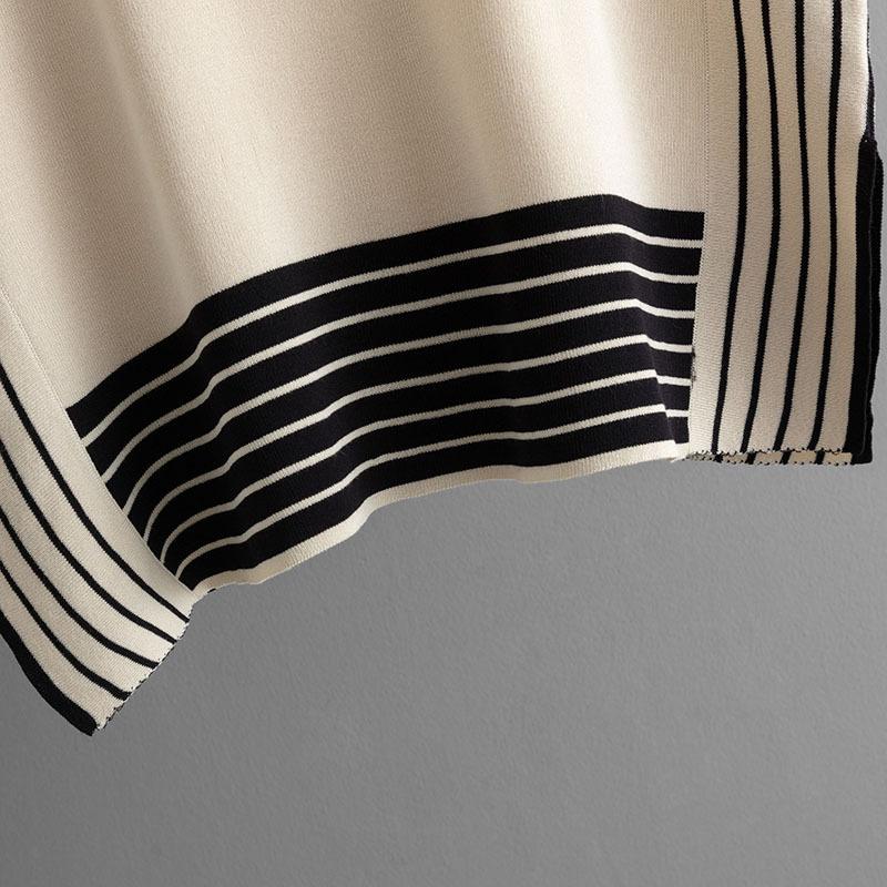 GMXIA Módní set: Dámský pruhovaný patchworkový pletený svetr s kulatým výstřihem a volným střihem, dvoudílné kalhoty s vysokým pasem, rovnými nohavicemi a širokými nohavicemi