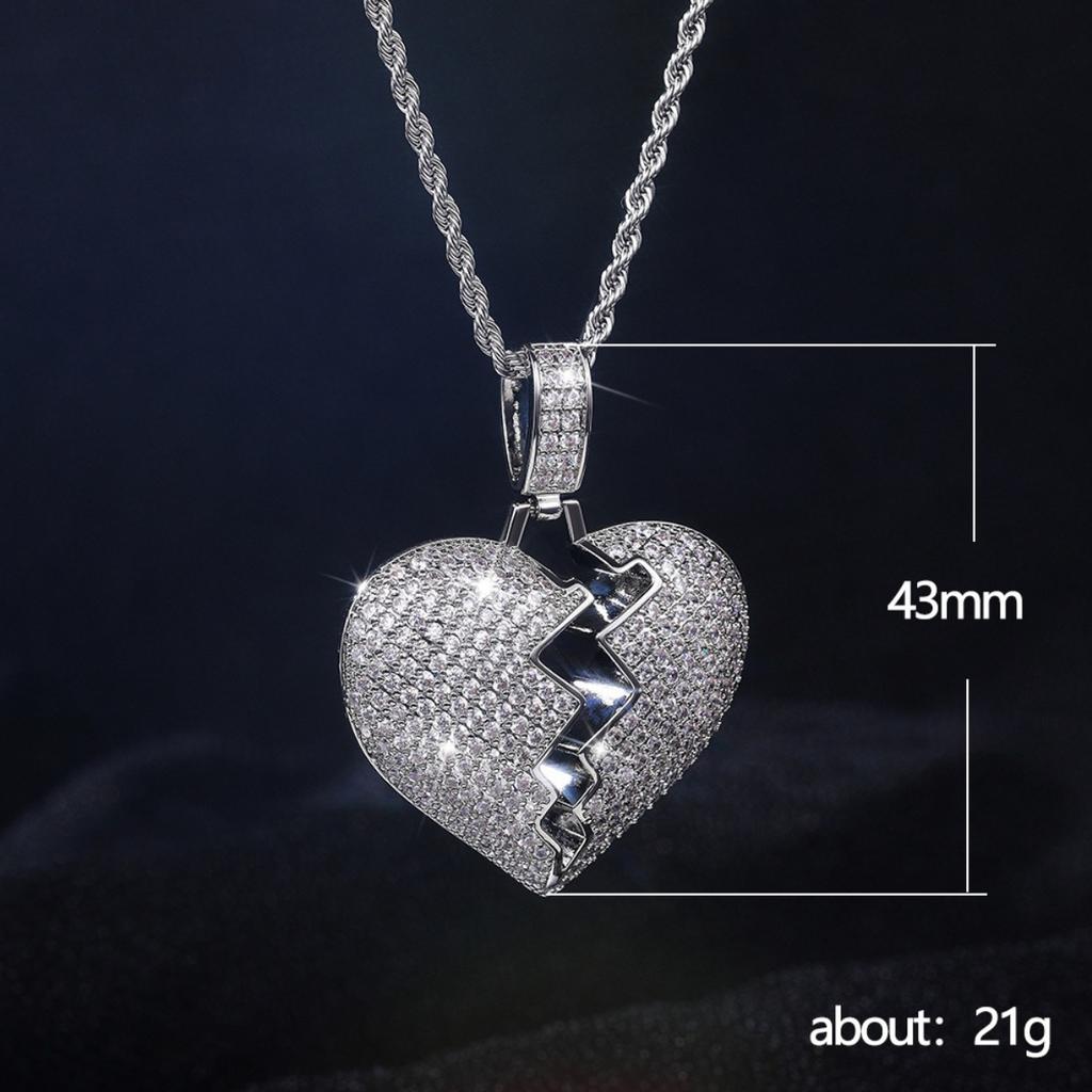 Full Paved Broken Heart Split Pendant Hip Hop Twisted Rope Chain Women Men Clavicle Necklace