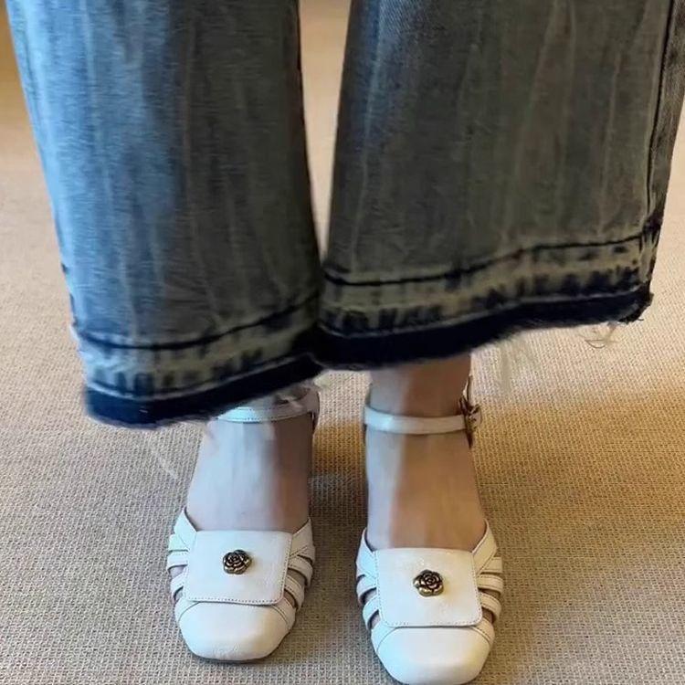 Keep version~ Camellia retro thick heel bag head sandals women's spring and summer new hollow woven Roman sandals women