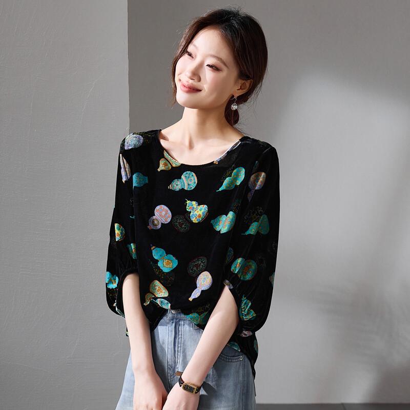 SOFSIL Women's Gourd Print Velvet Silk Shirt