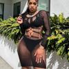 Women's Round Neck Long Sleeve Mesh Mini Dress High Waist Sexy Streetwear Bodycon Dress