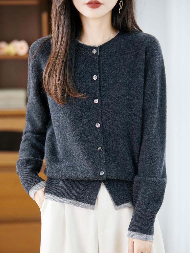 Women's Color Block Cashmere Wool Knit Cardigan Sweater - Loose Fit, Round Neck, Korean Style