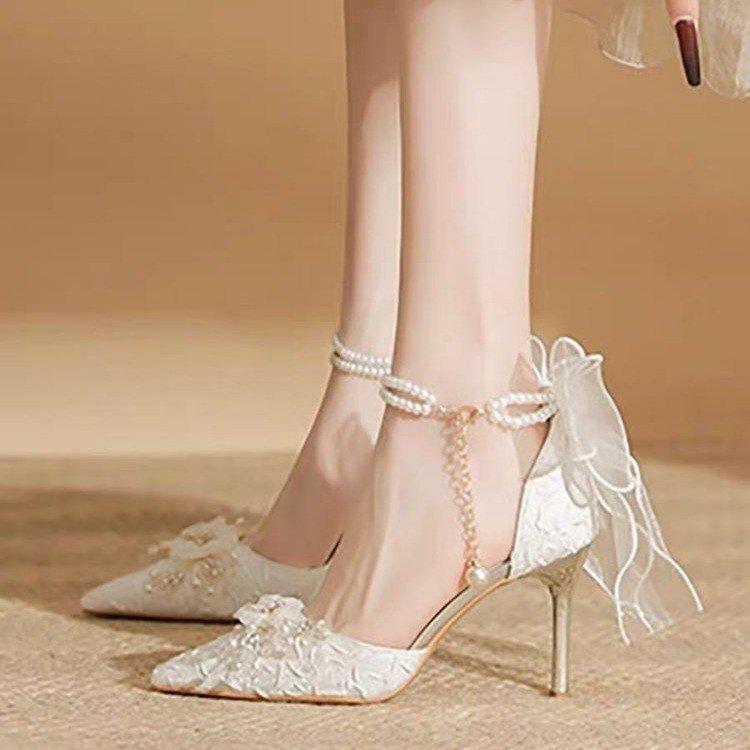 Fashion Fashion High Heels Spring Women's Stiletto Pearls Ankle Buckle Bride Shoes Bow Fashion 6cm 8cm Thin Heeled Wedding Pumps Shoes