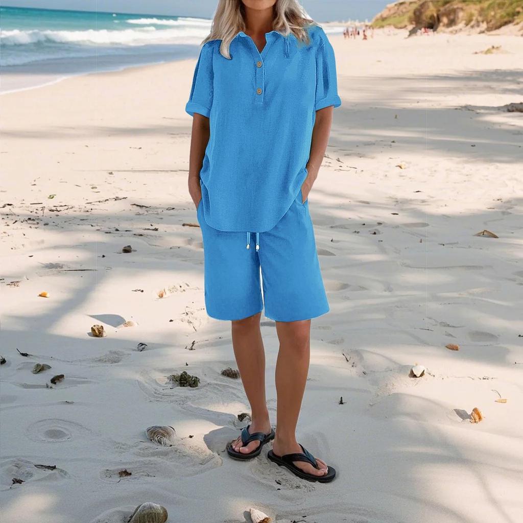 Women's Casual Pants Set Fashion Women's Shirt Soild Two Piece Set