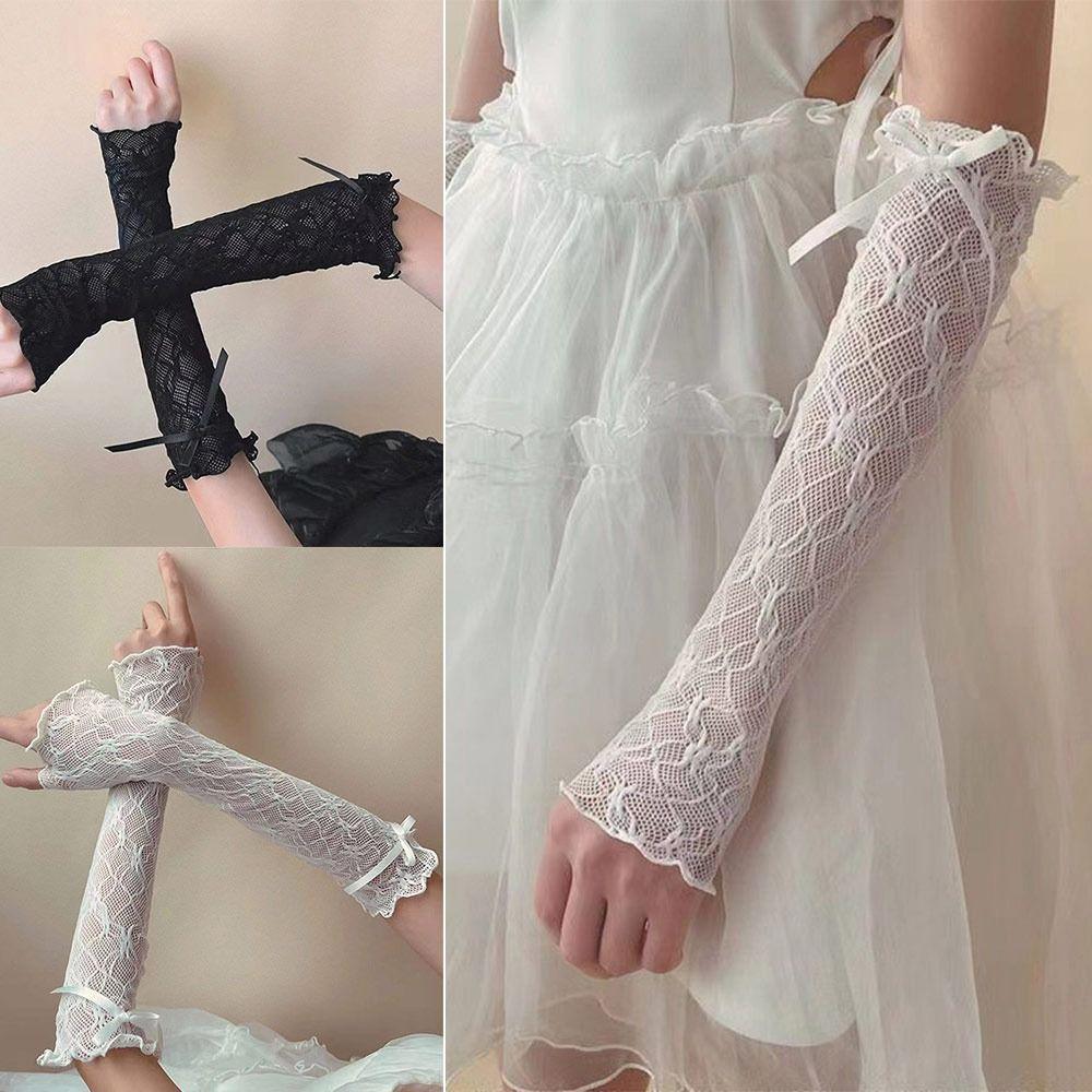 Black White Y2k Fingerless Mittens Lace Ruffle Arm Warmers Punk Lolita Lace Gloves  Women Girls