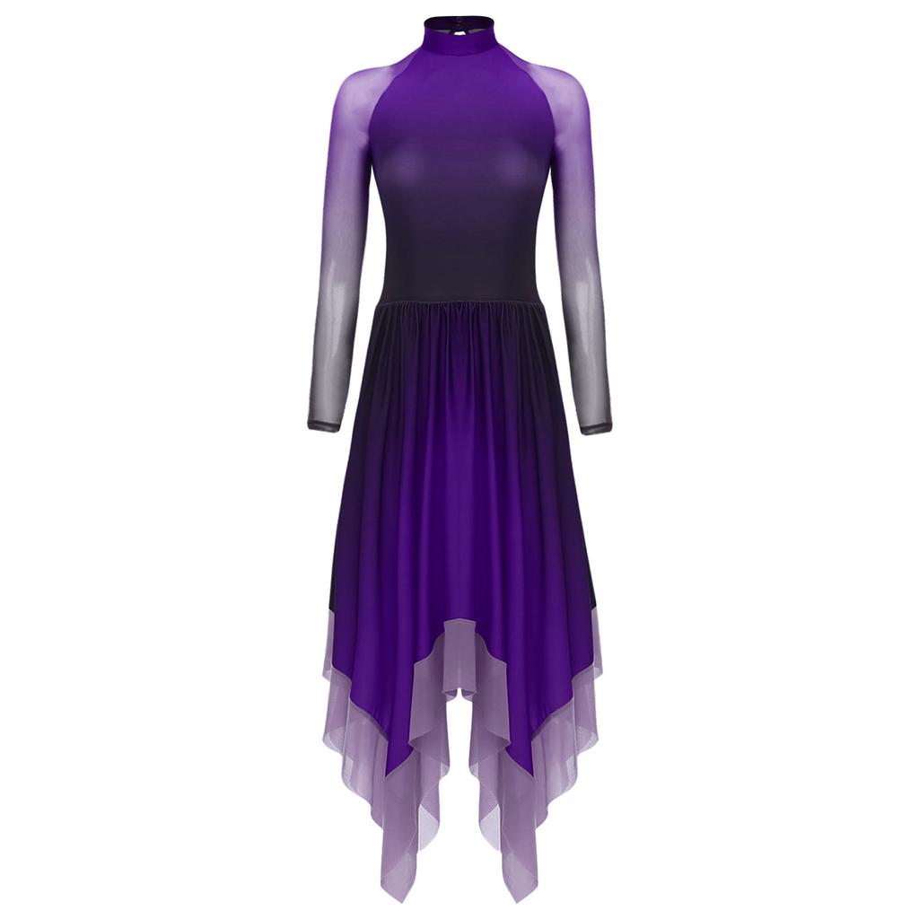 Womens Lyrical Dance Gradient Dress Mesh Long Sleeve Irregular Hem Back Keyhole Leotard Figure Skating Modern Costume