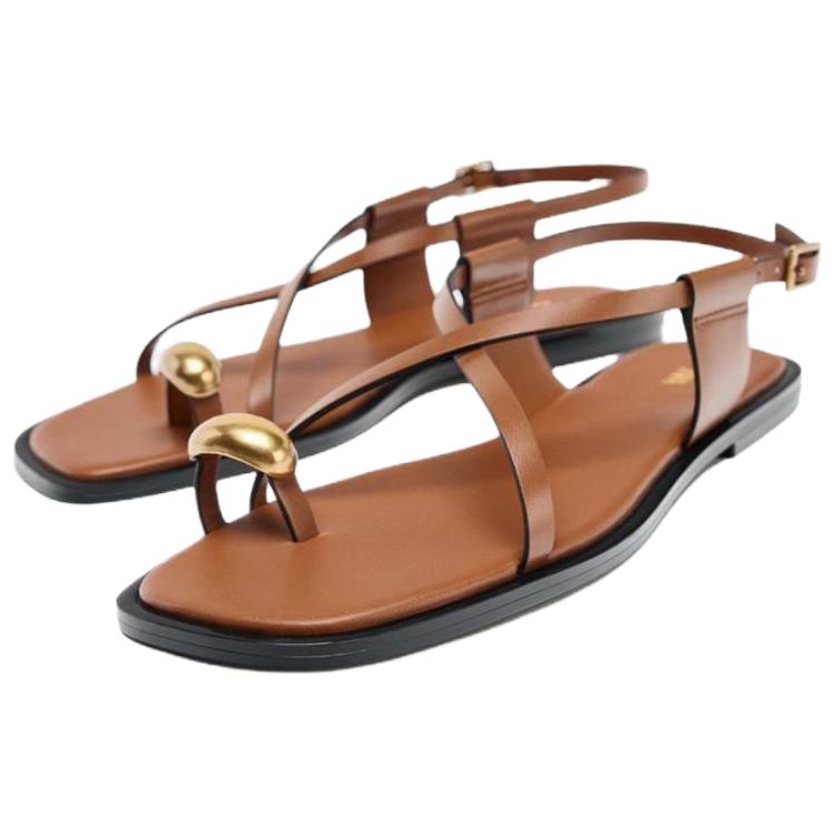 Zara Pu Open-Back Fashion Metal Decor Flat Sandals Women Sandals Brown 1641510105