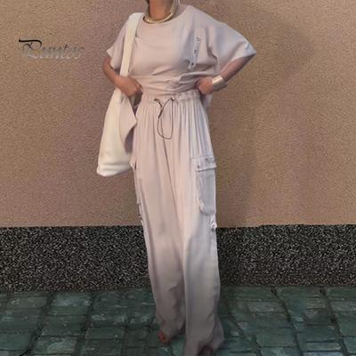 2 Pcs/Set Fall Spring Women T-shirt Pants Set Short Sleeves Round Neck Pleated Top Elastic Waist Wide Leg Trousers Casual Sport Pantsuit Outfit