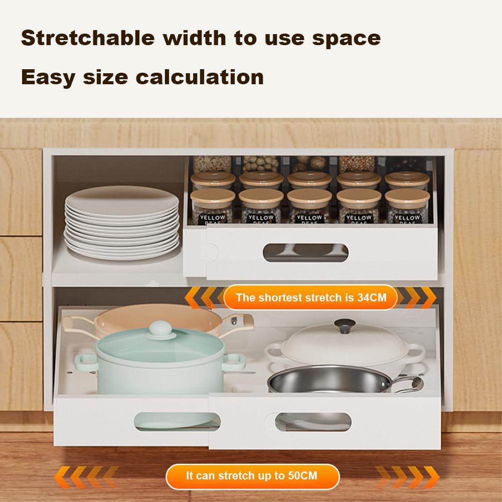 Kitchen Telescopic Drawer Carbon Steel Pull-out Extendable Storage Shelf Basket Slide Out Organiser For Cupboard Cabinet 34-50cm