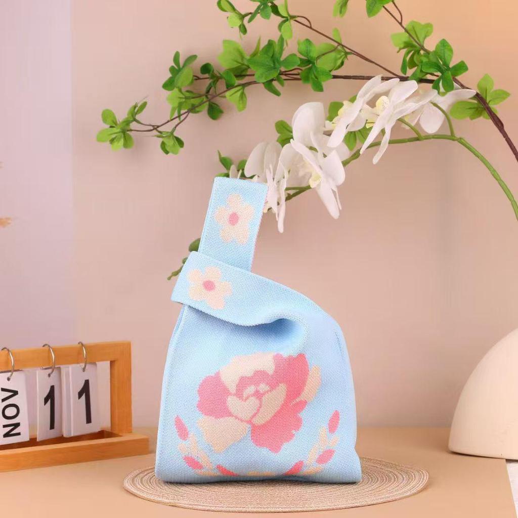 Luoyang Peony Knit Tote Bag - Korean Style Cartoon Design, Casual Handbag, Perfect Festival Gift