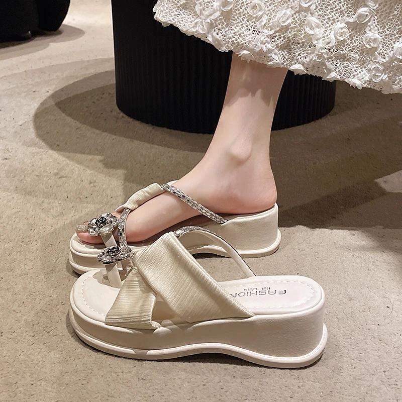 Women's Wedge Slippers Bow Rhinestones Waterproof Table Shoes for Women Dress Seaside Fairy Style Zapatillas De Mujer
