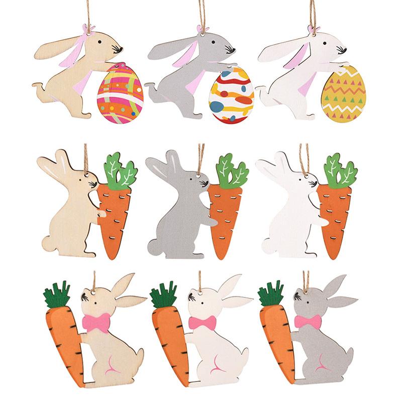 3Pcs Easter Wooden Eggs Hanging Ornament Cute Bunny Carrot Pendants with Rope 2026 Easter Home Decoration Kids Party Gift Toys