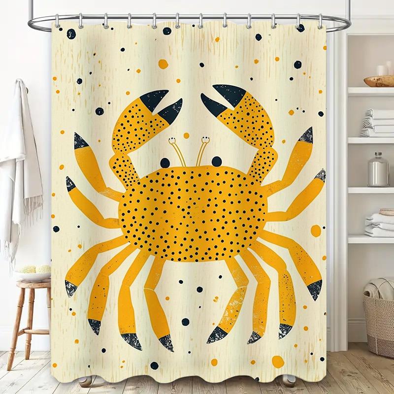Modern Bathroom Decor Shower Curtain Cartoon Crayfish Design with Black and Yellow Colors, Waterproof Fabric for Home Decoration